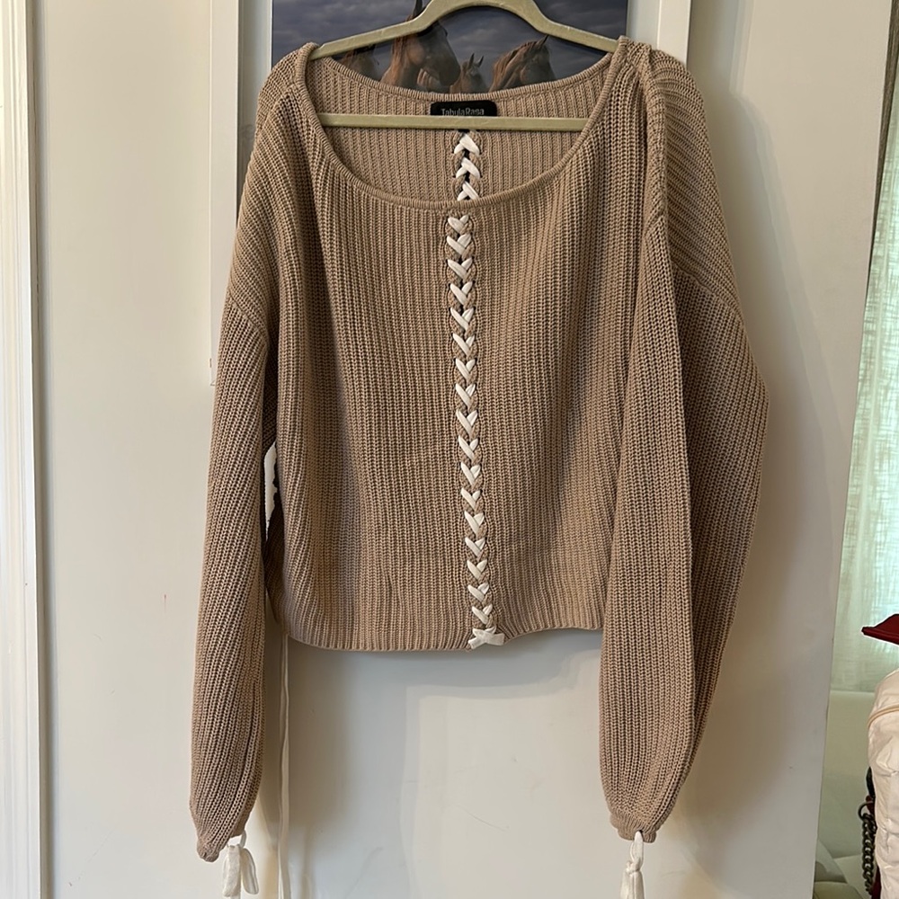TABULA RASA Tan and White Oversized Off-The Shoulder Sweater Top